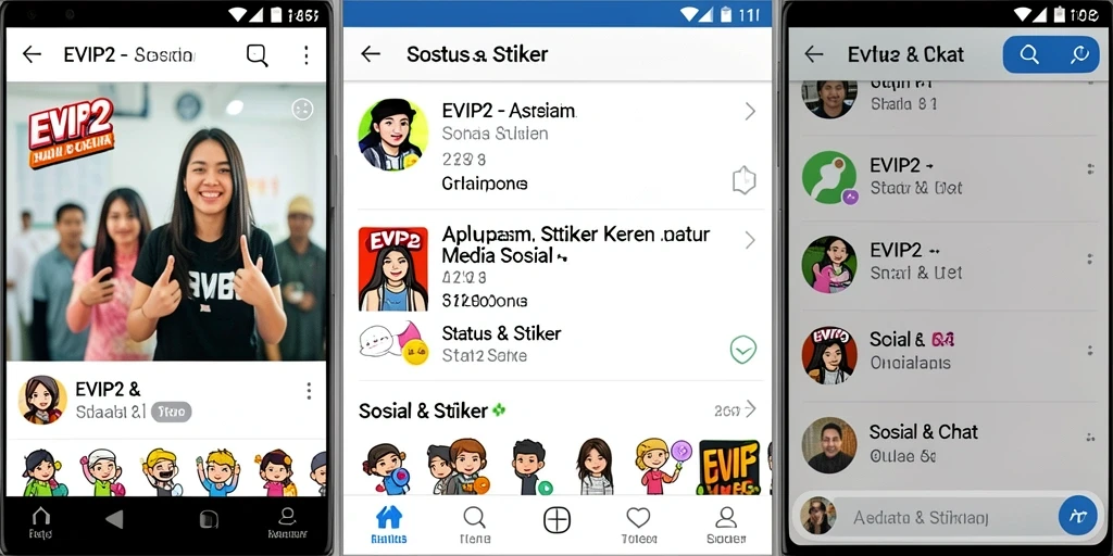 Antarmuka aplikasi EVIP2 dengan stiker menarik untuk status.