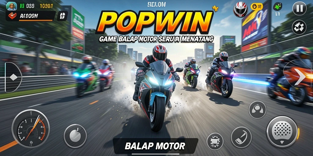 Antarmuka POPWIN yang menarik dengan aksi balap motor yang seru.