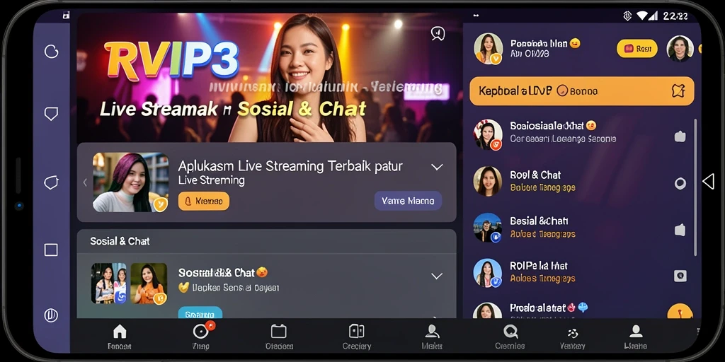 Tampilan antarmuka utama aplikasi RVIP3 untuk Live Streaming yang menarik.